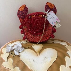 New Release Handcrafted in India Beaded Crab Purse with Gold Crossbody Strap